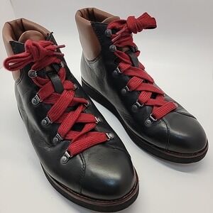 BIONICA Natick Ankle Boots Women 10M Hiking LaceUp Black Brown Leather Red Laces